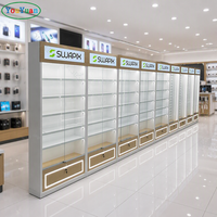 Vitrine de magasin de téléphonie moderne avec éclairage LED et étagères en bois, comptoir en verre trempé, présentoir verrouillable pour accessoires