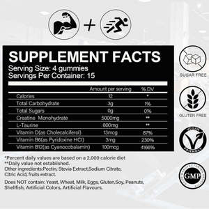 Gomitas de Creatina Monohidrato y L-Taurina Sin Azúcar para Adultos, 5g, Apoyo Energético y Crecimiento Muscular, Veganas, Sabor Fresa, Nutrición Deportiva - Product Image 6