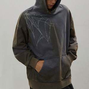 Sudaderas con capucha de hombre con logotipo personalizado Sudaderas con capucha de diamantes de imitación de diseñador lavados Vintage para hombre - Product Image 1