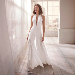 Nouvelle Arrivée 2026 Combinaison <span class=keywords><strong>Pantalon</strong></span> Blanche Fluide à Col Halter et Décolleté Plongeant, Sans Manches, Jambes Larges, pour <span class=keywords><strong>Mariage</strong></span> et Soirée - Product Image 2