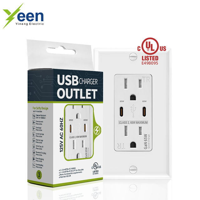 Yineng Dual Type C 65W USB Quick Charge 15A for Listed 125V Copper Wall Socket USB Charger Receptacle for US Laptops