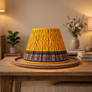 Premium Yellow Cotton Silk <b>Lampshade</b> | Blue Ikat Pattern Pleated Fabric <b>Drum</b> Shade for Interior Decor - Product Image 4