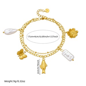 Fashionable Gold Plated Stainless Steel Double Layered Chain Bracelet With Butterfly Koi Pearl Pendant Unisex Jewelry Gift - Product Image 4