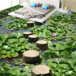 customized Stone road lotus pond 3D floor sticker glossy finish non slip floor tile sticker for bathroom decor