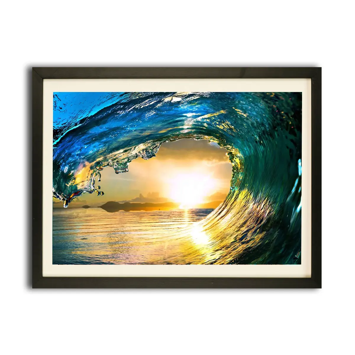 Pintura de paisaje marino para decoración de Hotel, cuadro con marco impreso en lienzo, arte de pared de mar, playa, atardecer, onda azul