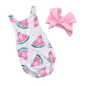 Combinaison Triangle pour Bébé Fille Imprimée Pastèque avec Bandeau en Coton Court Tricoté Grenouillère d'Été pour Enfants