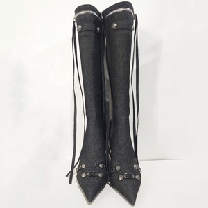 Stivali Alti al Ginocchio in Denim da Donna con Decorazioni Metalliche, Tacchi Sottili, <span class=keywords><strong>Stivaletti</strong></span> Lunghi, Scarpe con Tacco Alto Blu a Stiletto - Product Image 5