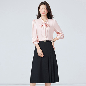 Women's Light Blue Satin Blouse With Tie Neck Long Sleeve Work Shirt For Office Formal Wear - Product Image 4