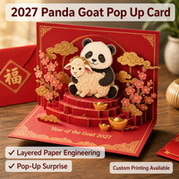 Tarjeta de Felicitación con Logotipo Personalizado, Diseño 3D Pop-up de Panda y Cabra para el Año Nuevo Chino 2027, en Rojo y Dorado, Elegante y Multicapa