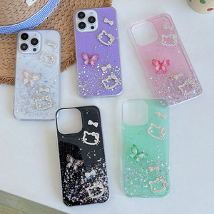Bling Drop Gluing 3D Bướm Trường Hợp Đối Với <span class=keywords><strong>iPhone</strong></span> 16 15 14 13 12 Mini 11 Pro X <span class=keywords><strong>6</strong></span> 6S 7 8 Cộng Với XR XS Max <span class=keywords><strong>Hello</strong></span> <span class=keywords><strong>Kitty</strong></span> Điện Thoại Bìa - Product Image 2