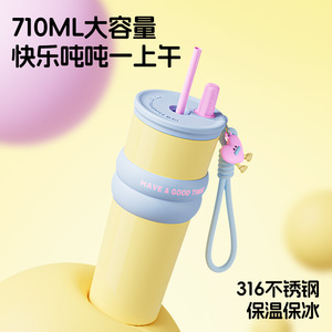 Cute Stainless Steel Tumbler 710ml Vacuum Insulated With Straw Travel Mug <b>Pink</b> Blue Design Have A Good Time Print - Product Image 2