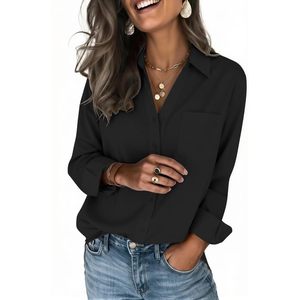 Women's Long Sleeve Button Down Shirt Collared <b>Top</b> Casual Work Blouse Poplin Fabric - Product Image 1