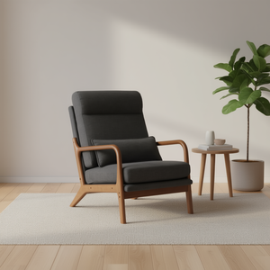 Fauteuil à dossier haut en bois massif, revêtement en lin gris foncé, style mid-century modern, pour salon - Product Image 2