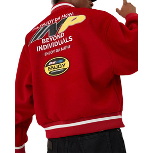 جاكيت بيسبول رجالي عالي الجودة من القطن الثقيل مع تطريز وحواف مضلعة وأكمام جلدية - Product Image 3