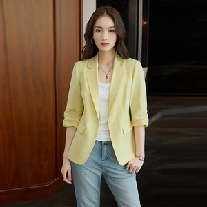 Yellow Linen Blazer For Women Short Sleeve Solid Color Spring Summer Casual Wear Slim Fit With Pocket - Product Image 4