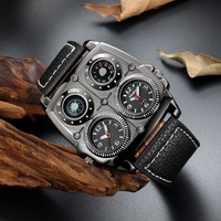 Reloj de doble zona horaria para hombre con brújula, termómetro, manecillas luminosas y correa de cuero