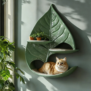 Creative Leaf Design Waterproof Wall Mount <b>Cat</b> Bed Modern Wall <b>Cat</b> Perch Decor Pet Shelf Green Plant Display Indoor Outdoor Use - Product Image 1