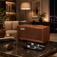 Haut-parleur Bluetooth en bois artisanal haut de gamme, système audio domestique stéréo HiFi 2.1 canaux avec deux micros sans fil pour karaoké