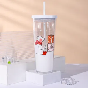Cute Cartoon Girl Kid Plastic Cups With Lids And Straws Clear Double Wall Tumbler Kids Drink Cup