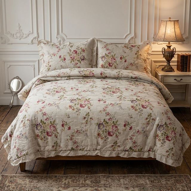 Organic Linen 100% Bedspread Set Rose Floral Print Quilt Duvet Comforter Custom Made King Queen Bed Cover Sets