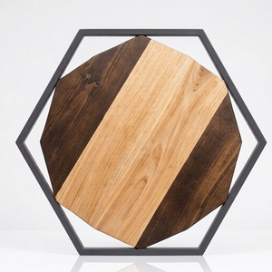 Horloge murale hexagonale en bois avec cadre métallique, mouvement à quartz silencieux, analogique, décorative, pour salon, chambre d'amis, faite à la main - Product Image 1