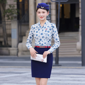 Summer Women's Short Sleeve Shirt Blue Floral Print Slim Fit No-Wrinkle Polyester Airline Uniform Workwear - Product Image 2