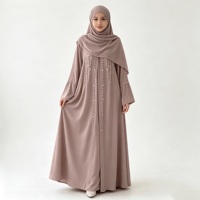 Ensemble Abaya Mauve pour Femme avec Franges de Perles, Tenue Modeste, Vêtements Musulmans Islamiques, Longueur au Sol