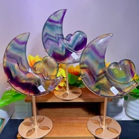 Lune en Fluorite Naturelle Arc-en-ciel en Gros avec Cœur Sculpté, Support Métallique, Ornement de Guérison pour Cadeau