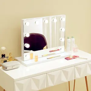 Espejo de mesa personalizado de hollywood para maquillaje, espejo de tocador cuadrado blanco claro, cosmético, 2022