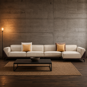Sofá Seccional en Forma de L, Dos Tonos de Cuero, Costuras en Contraste, Chaise Longue Esquinera Modular, Patas Metálicas Tapizadas, para Sala de Estar, Hotel, Villa - Product Image 1