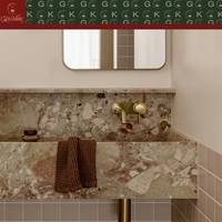 GOLDKING Meuble-lavabo mural de luxe moderne pour salle de bain principale, en marbre Monet Garden, avec double vasque, veinures beige, rose et vertes
