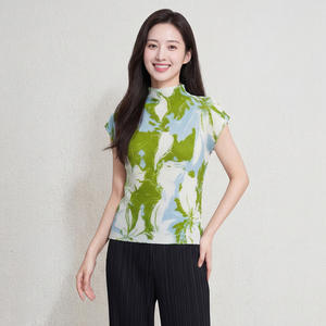 PY Hot Print Pleated Stand Collar Short Sleeve T-Shirt Women Plus Size Loose Casual <b>Compressed</b> 100% Polyester Wholesale - Product Image 2