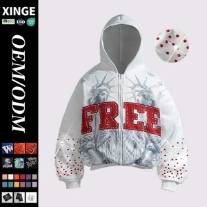 Sudadera con capucha oversize Y2K para hombre 2025, estilo streetwear, con estampado gráfico digital personalizado de diamantes de imitación, hombros caídos, corte holgado y cremallera. - Product Image 1