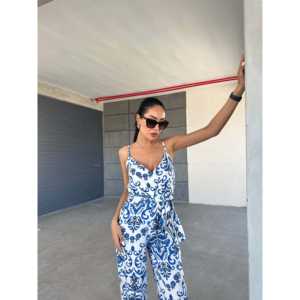 Mono de chifón con cuello en V y tirantes para mujer, de cintura alta, sin mangas, informal, transpirable, estampado, para playa - Product Image 4