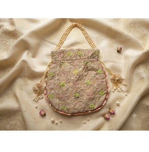 <b>Beige</b> Silk Saddle Shape Potli Bag Handcrafted Metallic Wire Embroidery Wedding Bridal Ethnic Festive Evening Party Classic - Product Image 2