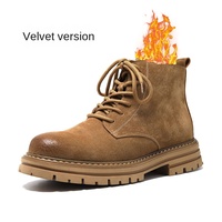 Bottes mi-hautes décontractées pour hommes, en cuir de rhubarbe rétro britannique, doublées de polaire, antidérapantes, pour l'hiver
