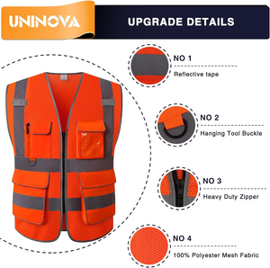 <span class=keywords><strong>Gilet</strong></span> de sécurité haute visibilité UNINOVA, orange, en maille, classe 2 ANSI, réfléchissant, avec poches et fermeture éclair, pour hommes et femmes, <span class=keywords><strong>travaux</strong></span> de construction - Product Image 5