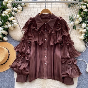 Camicetta francese a maniche lunghe con <span class=keywords><strong>volant</strong></span> da donna, <span class=keywords><strong>top</strong></span> versatile primaverile trasparente con bottoni - Product Image 3
