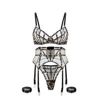 Set Bra Seksi ODM Lintas Negara Ultra Tipis, Lingerie Menggoda dan Menarik dengan Aksen Jala, Pakaian Dalam Erotis Transparan Set Empat Potong
