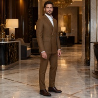 Jas Pria Cognac Brown Micro Check Double Breasted Peak Lapel Kancing Emas Jas Bisnis Formal Pesta Custom Made to Measure