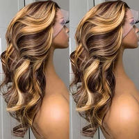 Perruque Lace Front HD avec Balayage et Mèches Blondes, Racine Ombrée, Cheveux Humains Vierges Remy, Ondulation Body Wave, pour Cheveux de Bébé