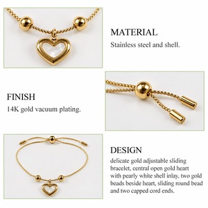Pulsera con deslizador en forma de corazón, acero inoxidable y concha, chapado al vacío en oro de 14K, motivo de corazón de 11.8 mm, 4.3 g - Product Image 2