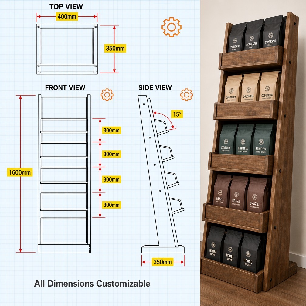 5-Tier Wooden Floor Display Rack Custom Branding Tilted Shelves for Coffee Shop Bakery Retail Merchandising — view 4