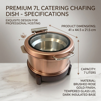 Plat à réchaud en or rose avec couvercle en verre, chauffe-plats de buffet en acier inoxydable avec support en bois pour hôtels, banquets et traiteurs