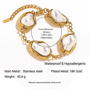 Ensemble collier et bracelet en acier inoxydable, perle baroque, plaqué or 18 carats, vintage, haut de gamme, à porter tous les jours, bijoux unisexes - Product Image 5