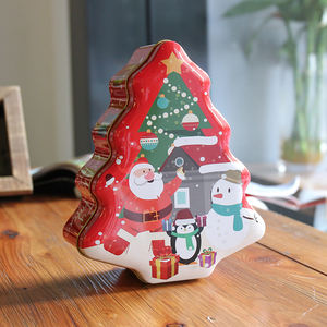 Pabrik Cina Desain Kustom Pohon Natal Berbentuk Dekorasi Ornamen Kue Permen Coklat Kemasan Kotak Timah Logam - Product Image 6