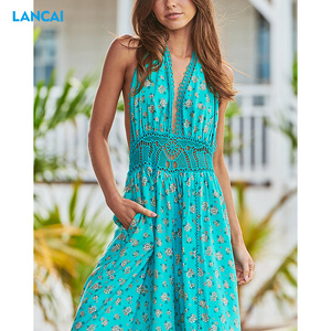 Mono de algodón con cuello en V y logotipo personalizado, traje de lino de pierna ancha con cuello Halter - Product Image 4