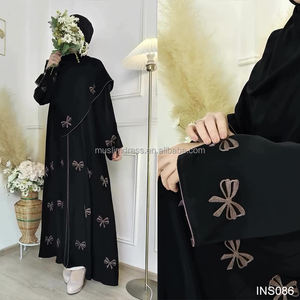<span class=keywords><strong>Habib</strong></span>新款两件套蝴蝶结开口Abaya头巾套装定制穆斯林刺绣蝴蝶结和服正面开口Abaya套装 - Product Image 4