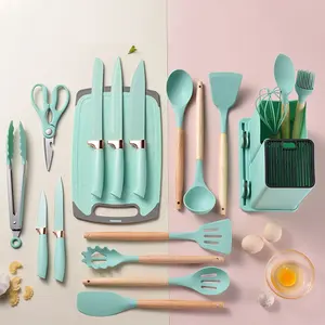 19 Pieces Home Silicone Kitchenware Set Pink Novel Kitchen Gadgets Popular Utensils And Tool Combination With Storage Bucket