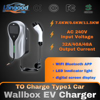 Longood 2026 J1772 Type1 Chargeur mural AC pour VE 7.6/9.6/11.5KW 32/40/48A WiFi APP 4G Écran LED OCPP Charge rapide